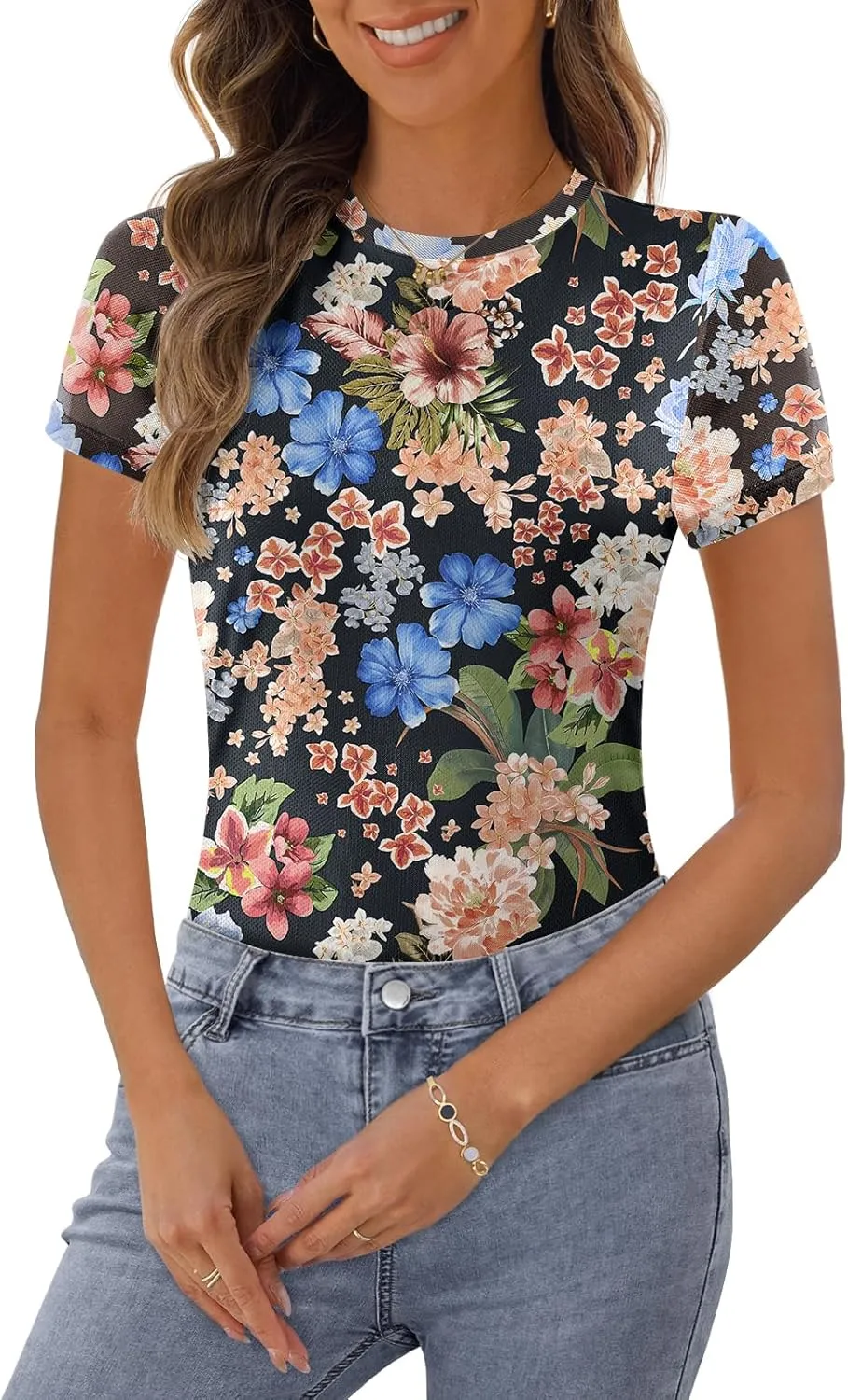 MEROKEETY Women's 2025 Summer Spring Casual Short Sleeve T Shirt Trendy Sheer Mesh Boho Vacation Floral Blouse Tops