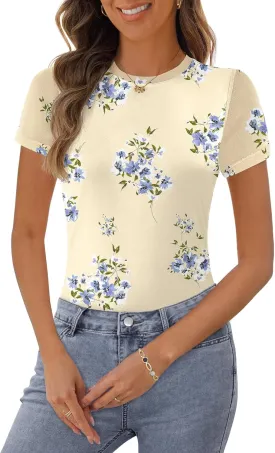 MEROKEETY Women's 2025 Summer Spring Casual Short Sleeve T Shirt Trendy Sheer Mesh Boho Vacation Floral Blouse Tops