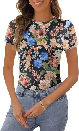 MEROKEETY Women's 2025 Summer Spring Casual Short Sleeve T Shirt Trendy Sheer Mesh Boho Vacation Floral Blouse Tops