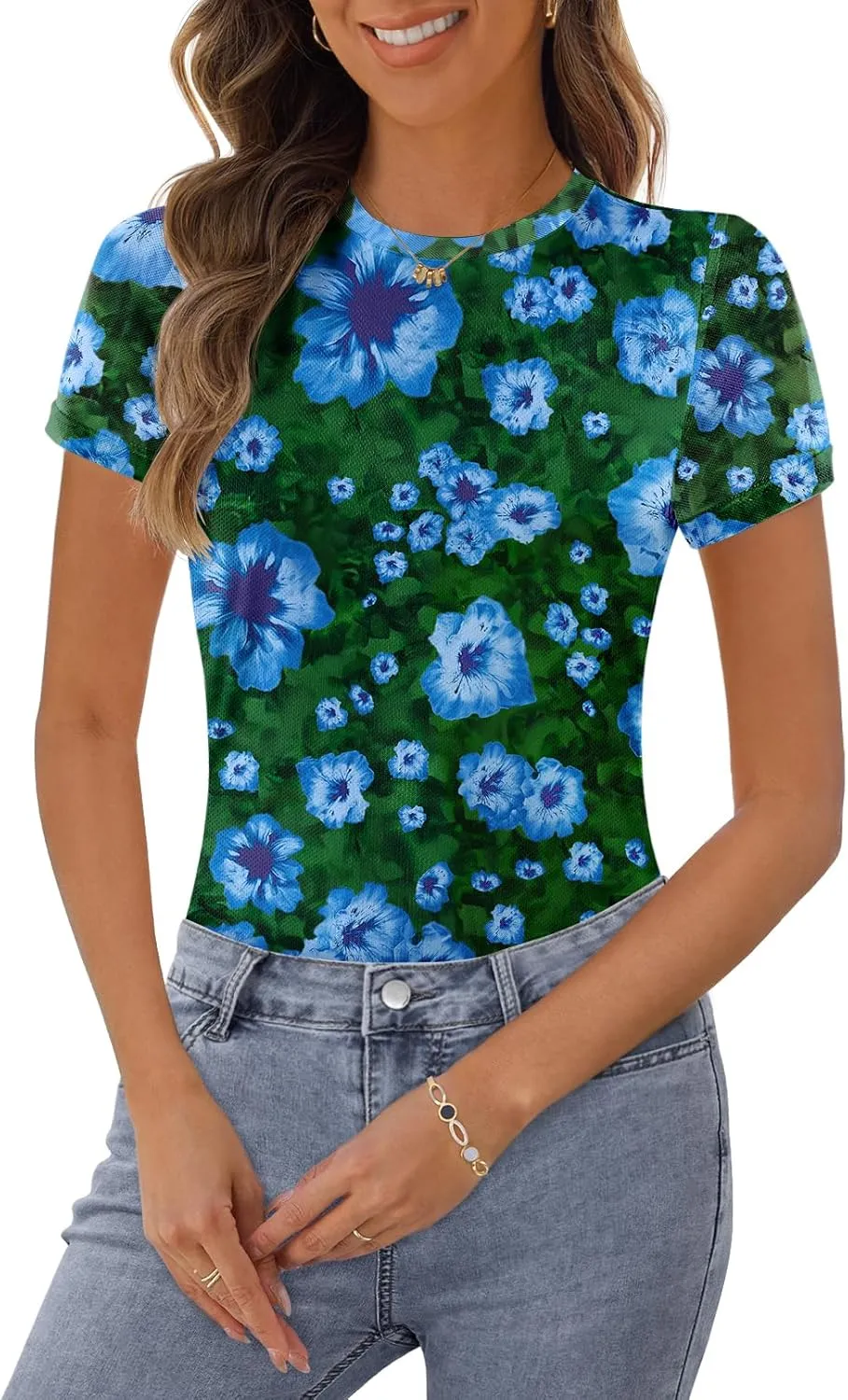 MEROKEETY Women's 2025 Summer Spring Casual Short Sleeve T Shirt Trendy Sheer Mesh Boho Vacation Floral Blouse Tops