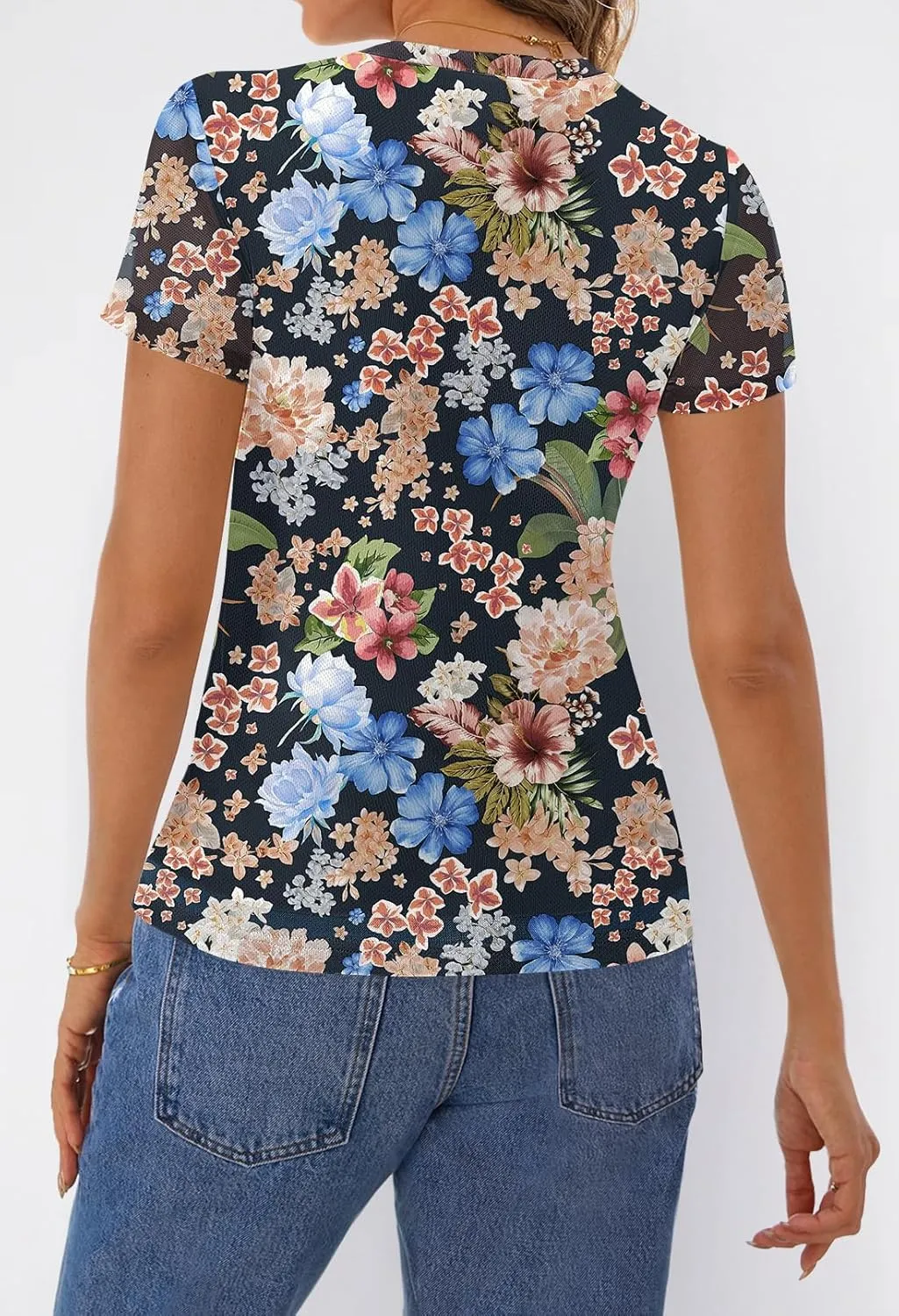 MEROKEETY Women's 2025 Summer Spring Casual Short Sleeve T Shirt Trendy Sheer Mesh Boho Vacation Floral Blouse Tops