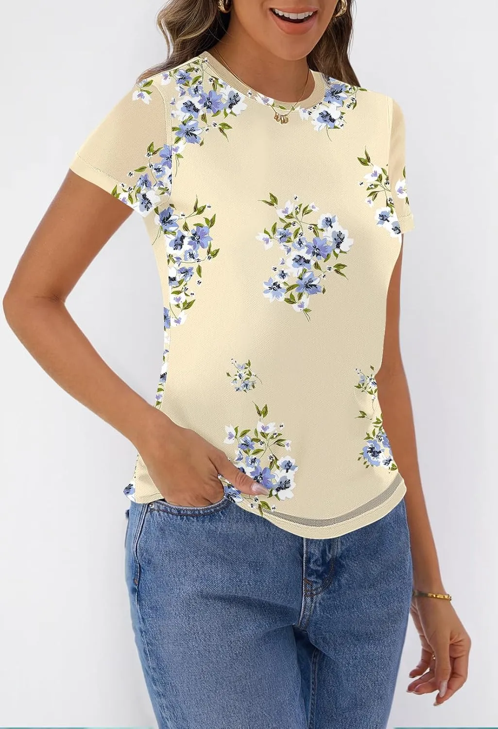 MEROKEETY Women's 2025 Summer Spring Casual Short Sleeve T Shirt Trendy Sheer Mesh Boho Vacation Floral Blouse Tops