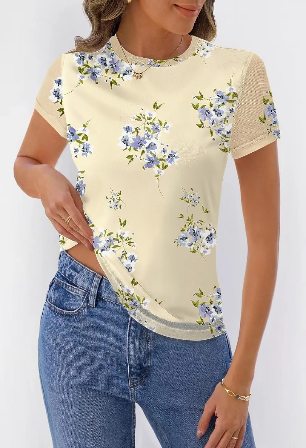 MEROKEETY Women's 2025 Summer Spring Casual Short Sleeve T Shirt Trendy Sheer Mesh Boho Vacation Floral Blouse Tops
