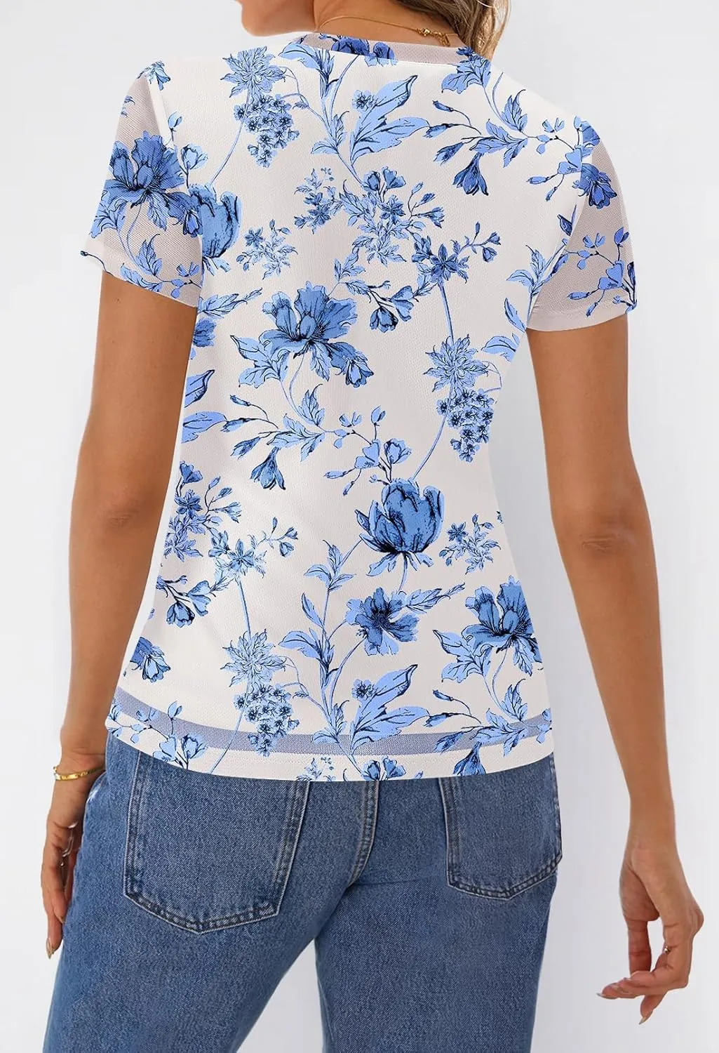 MEROKEETY Women's 2025 Summer Spring Casual Short Sleeve T Shirt Trendy Sheer Mesh Boho Vacation Floral Blouse Tops