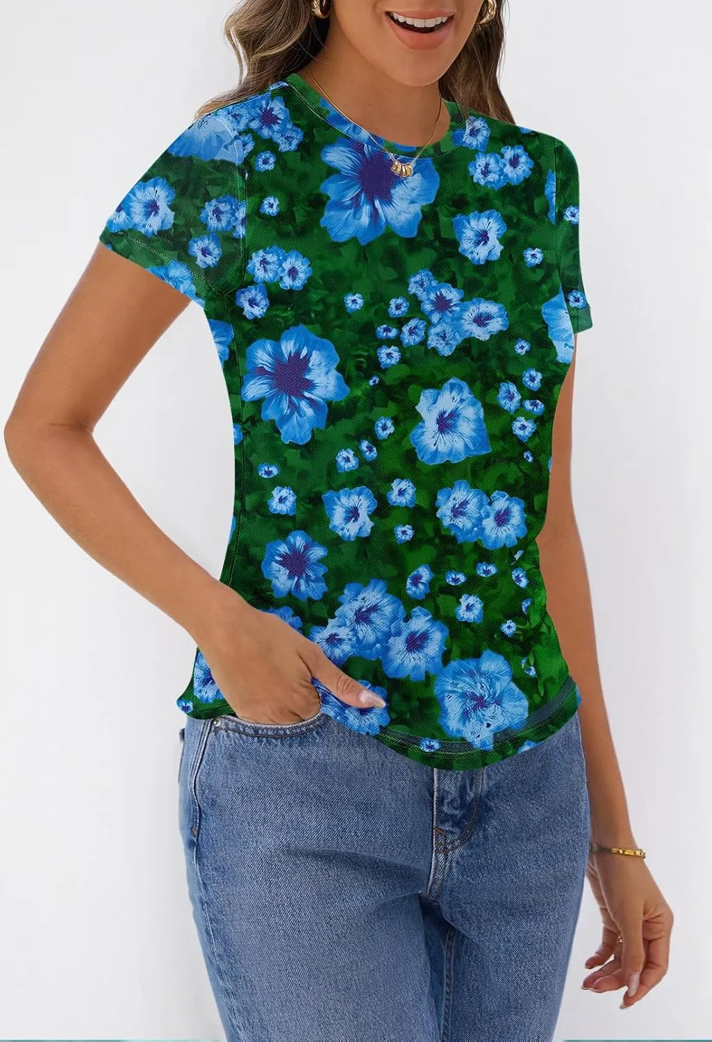 MEROKEETY Women's 2025 Summer Spring Casual Short Sleeve T Shirt Trendy Sheer Mesh Boho Vacation Floral Blouse Tops