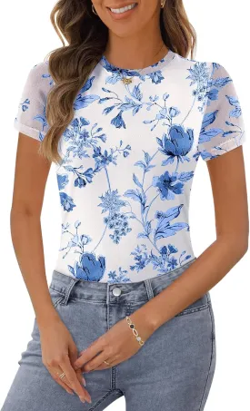 MEROKEETY Women's 2025 Summer Spring Casual Short Sleeve T Shirt Trendy Sheer Mesh Boho Vacation Floral Blouse Tops
