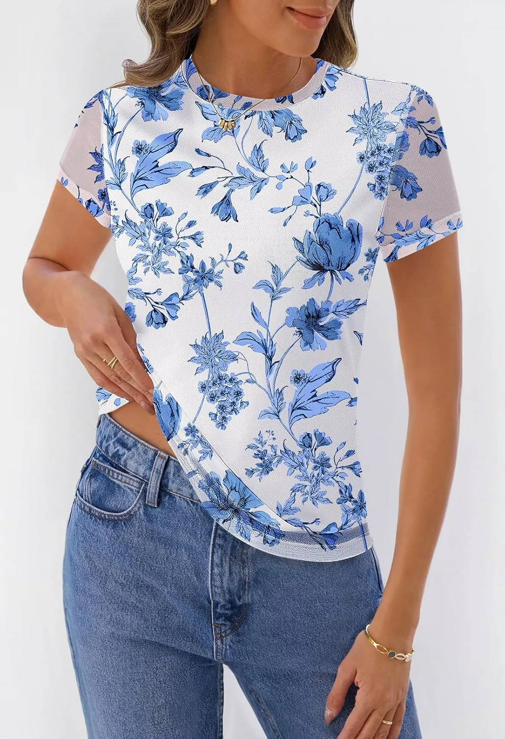 MEROKEETY Women's 2025 Summer Spring Casual Short Sleeve T Shirt Trendy Sheer Mesh Boho Vacation Floral Blouse Tops