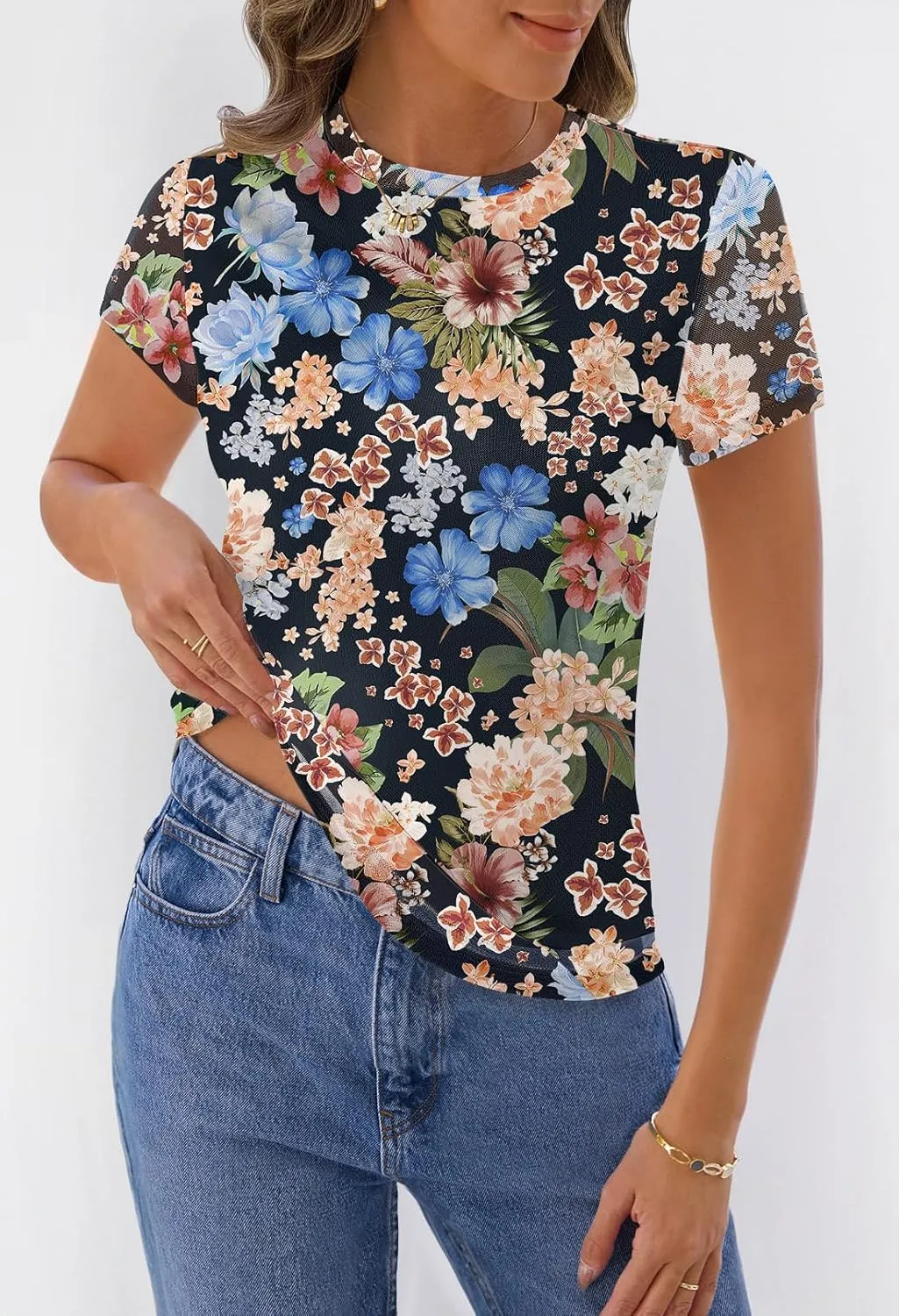 MEROKEETY Women's 2025 Summer Spring Casual Short Sleeve T Shirt Trendy Sheer Mesh Boho Vacation Floral Blouse Tops