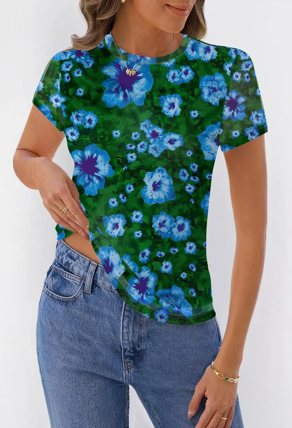 MEROKEETY Women's 2025 Summer Spring Casual Short Sleeve T Shirt Trendy Sheer Mesh Boho Vacation Floral Blouse Tops