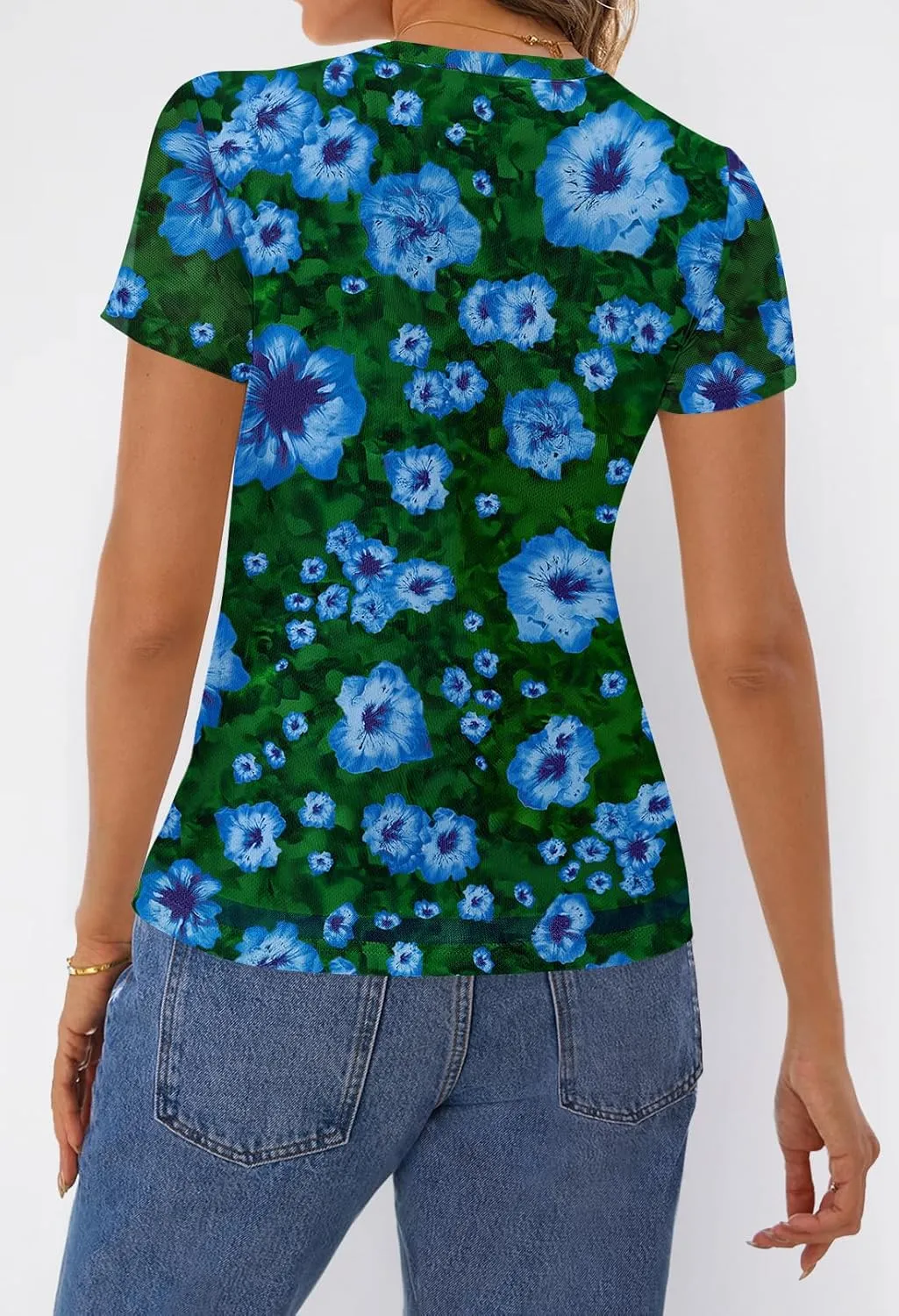 MEROKEETY Women's 2025 Summer Spring Casual Short Sleeve T Shirt Trendy Sheer Mesh Boho Vacation Floral Blouse Tops
