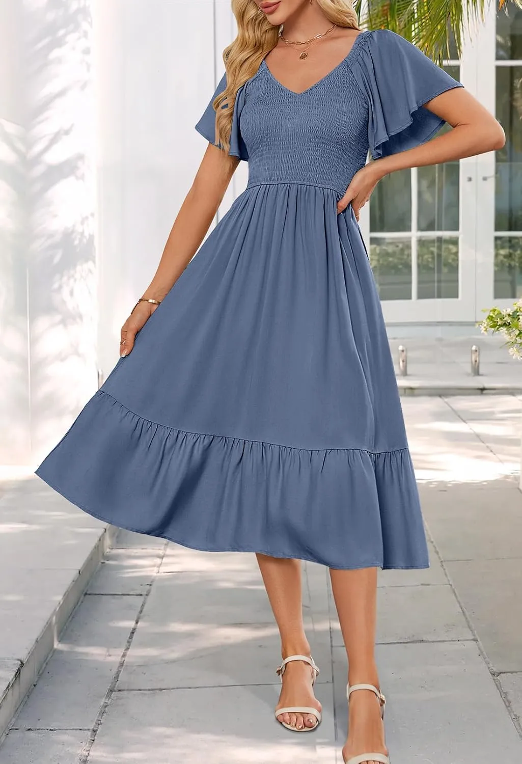 MEROKEETY Women's Summer Casual V Neck Ruffle Sleeve Smocked High Waist Midi Dress with Pockets
