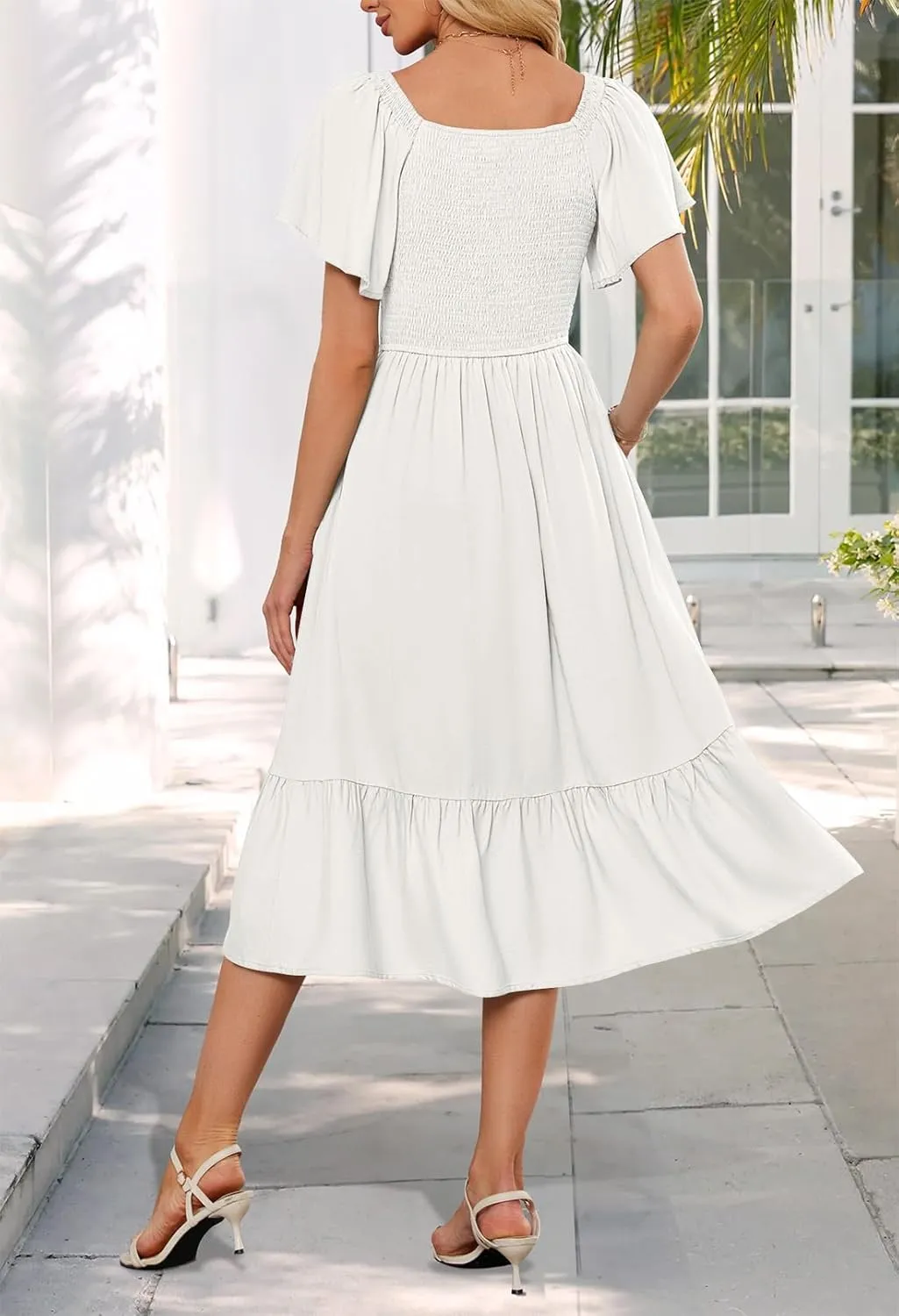 MEROKEETY Women's Summer Casual V Neck Ruffle Sleeve Smocked High Waist Midi Dress with Pockets