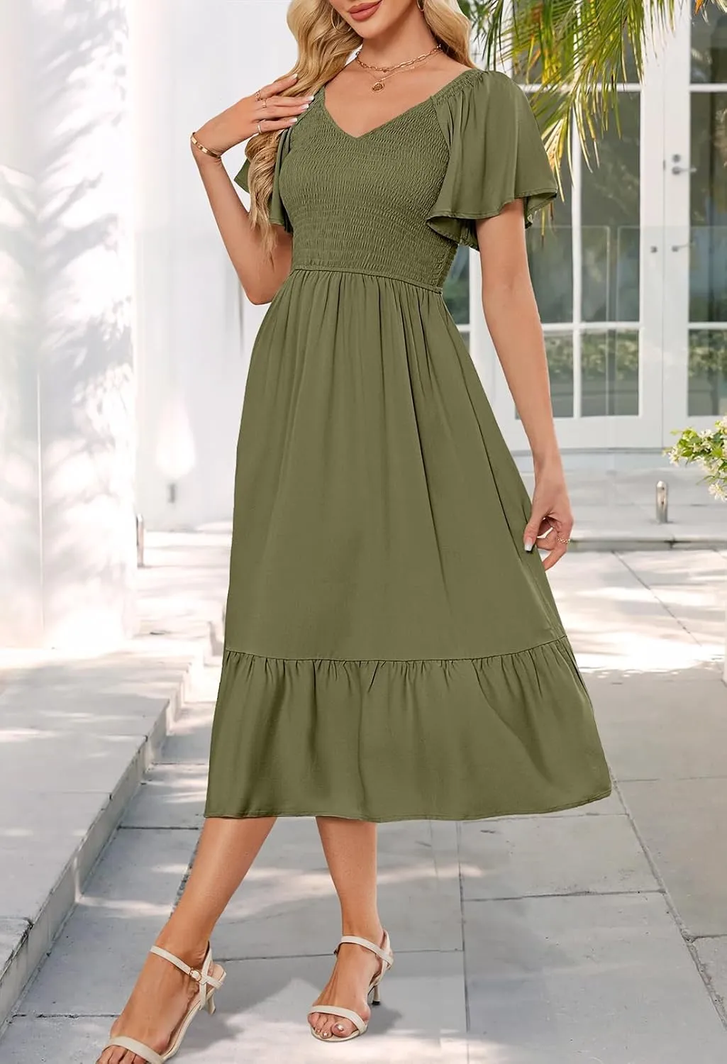 MEROKEETY Women's Summer Casual V Neck Ruffle Sleeve Smocked High Waist Midi Dress with Pockets