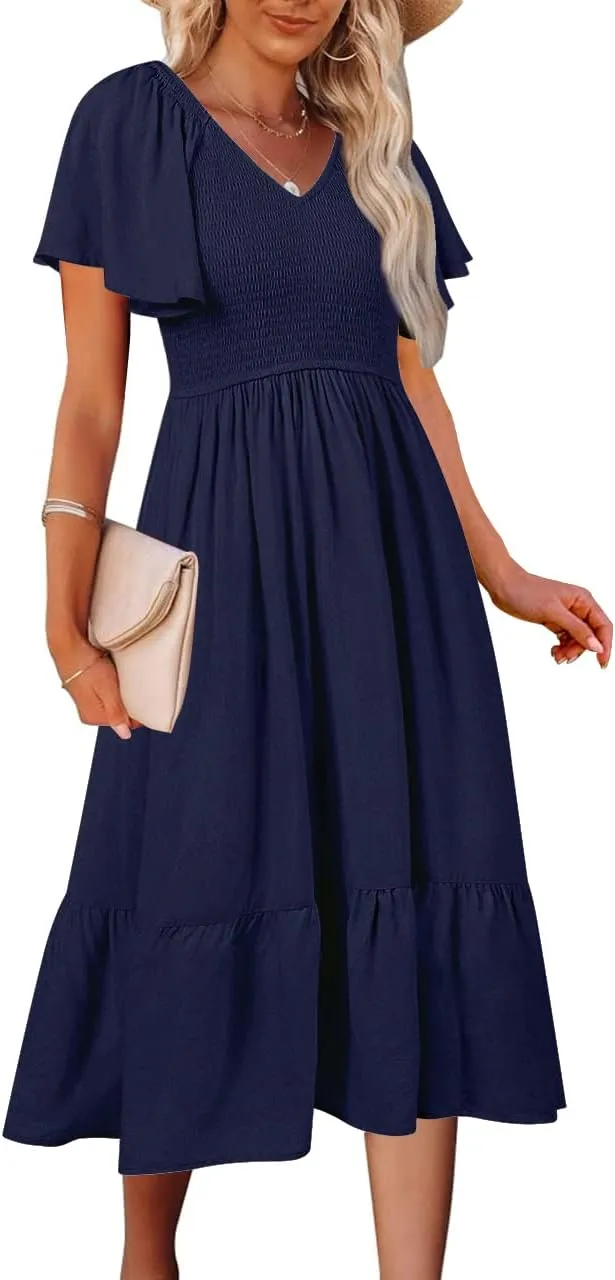 MEROKEETY Women's Summer Casual V Neck Ruffle Sleeve Smocked High Waist Midi Dress with Pockets