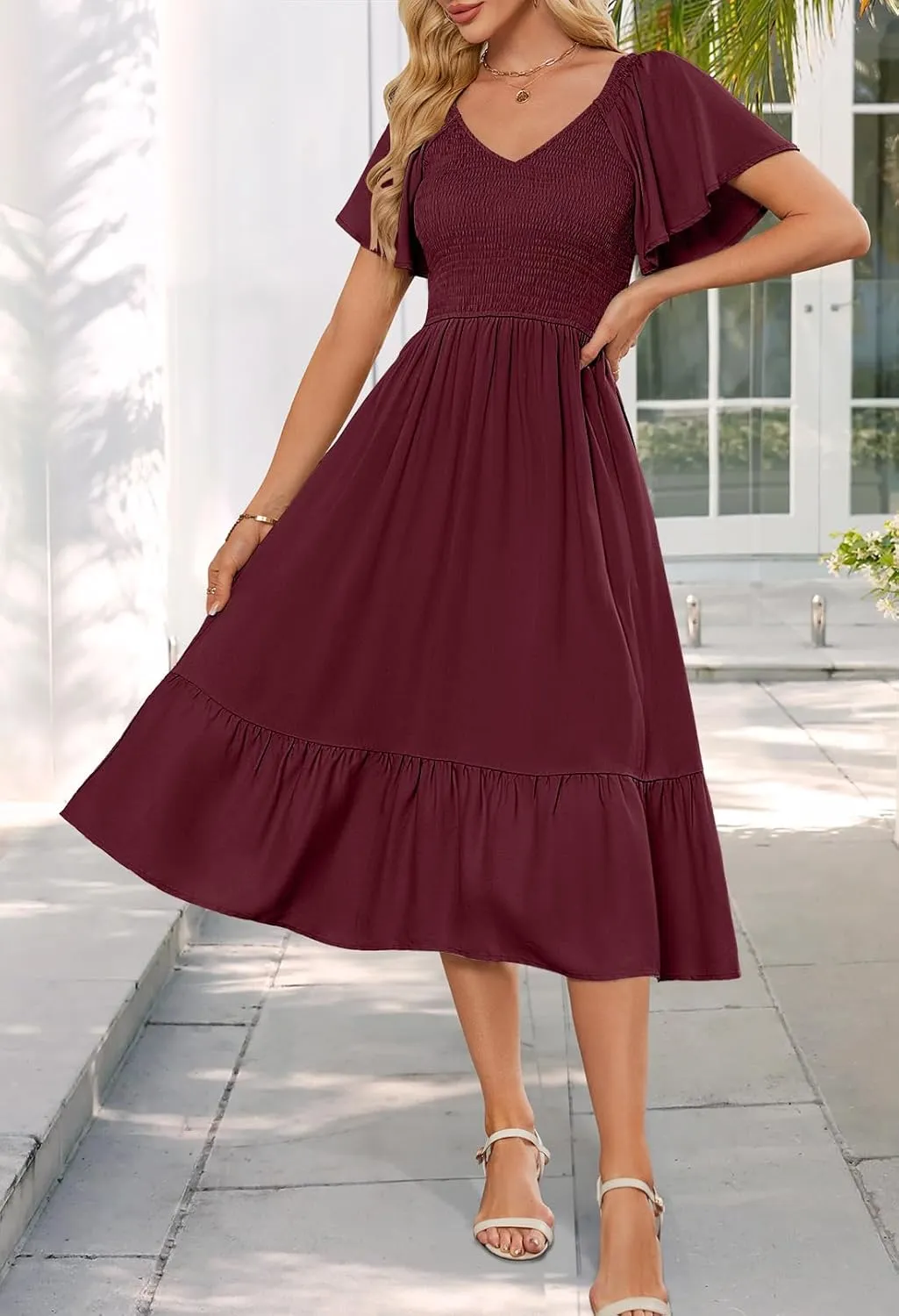 MEROKEETY Women's Summer Casual V Neck Ruffle Sleeve Smocked High Waist Midi Dress with Pockets