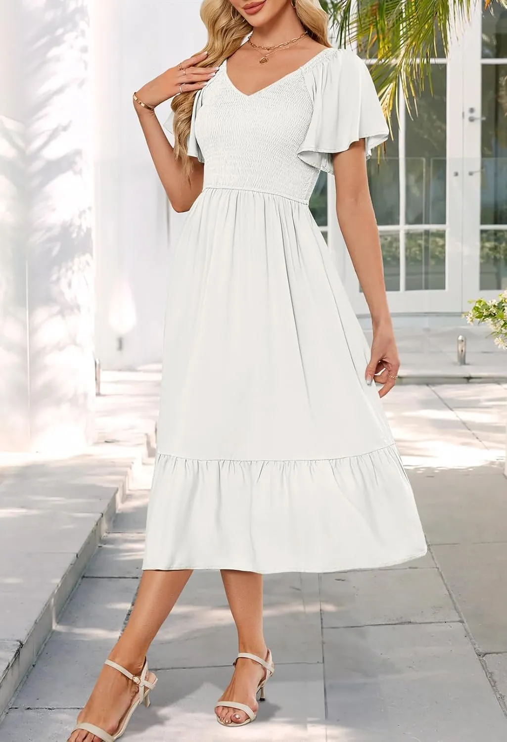 MEROKEETY Women's Summer Casual V Neck Ruffle Sleeve Smocked High Waist Midi Dress with Pockets