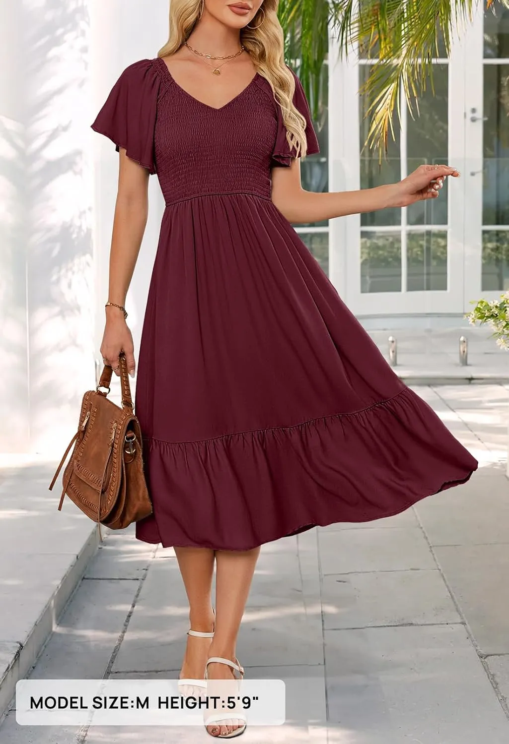 MEROKEETY Women's Summer Casual V Neck Ruffle Sleeve Smocked High Waist Midi Dress with Pockets