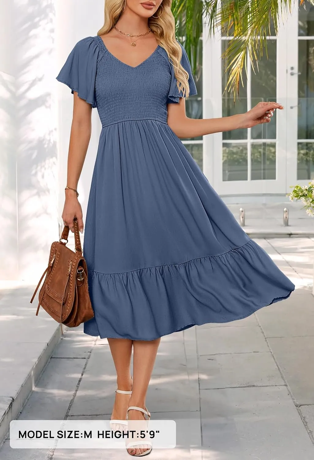 MEROKEETY Women's Summer Casual V Neck Ruffle Sleeve Smocked High Waist Midi Dress with Pockets