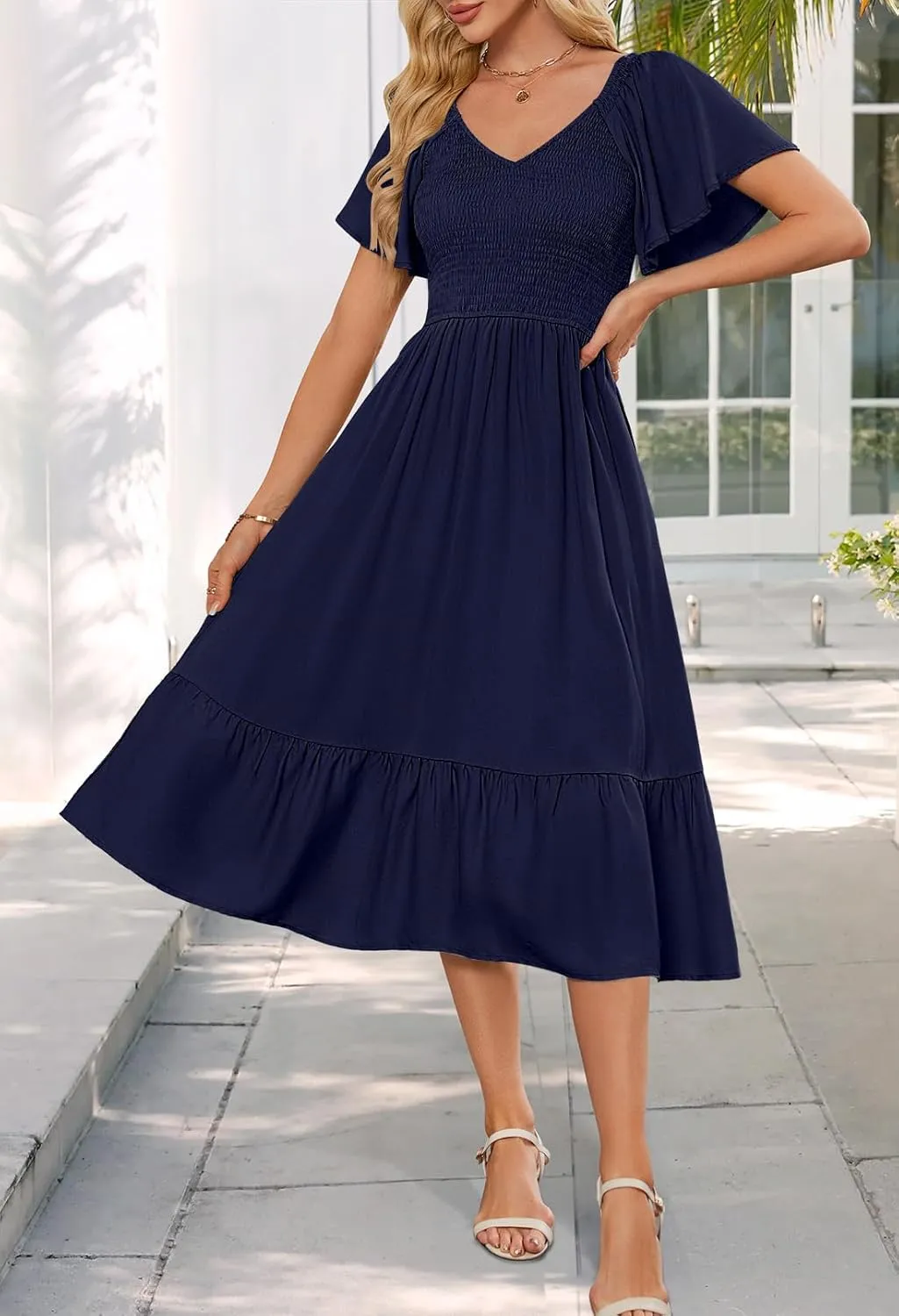 MEROKEETY Women's Summer Casual V Neck Ruffle Sleeve Smocked High Waist Midi Dress with Pockets