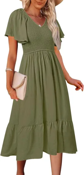 MEROKEETY Women's Summer Casual V Neck Ruffle Sleeve Smocked High Waist Midi Dress with Pockets