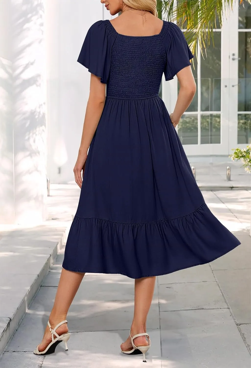 MEROKEETY Women's Summer Casual V Neck Ruffle Sleeve Smocked High Waist Midi Dress with Pockets