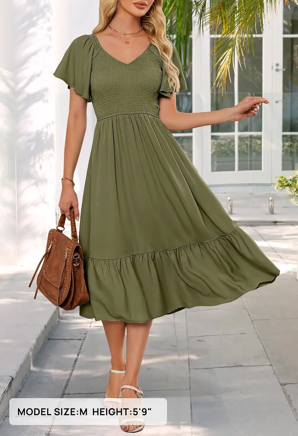 MEROKEETY Women's Summer Casual V Neck Ruffle Sleeve Smocked High Waist Midi Dress with Pockets