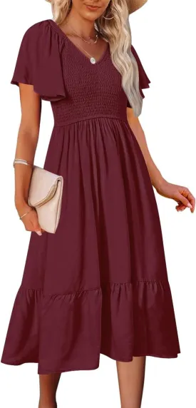 MEROKEETY Women's Summer Casual V Neck Ruffle Sleeve Smocked High Waist Midi Dress with Pockets