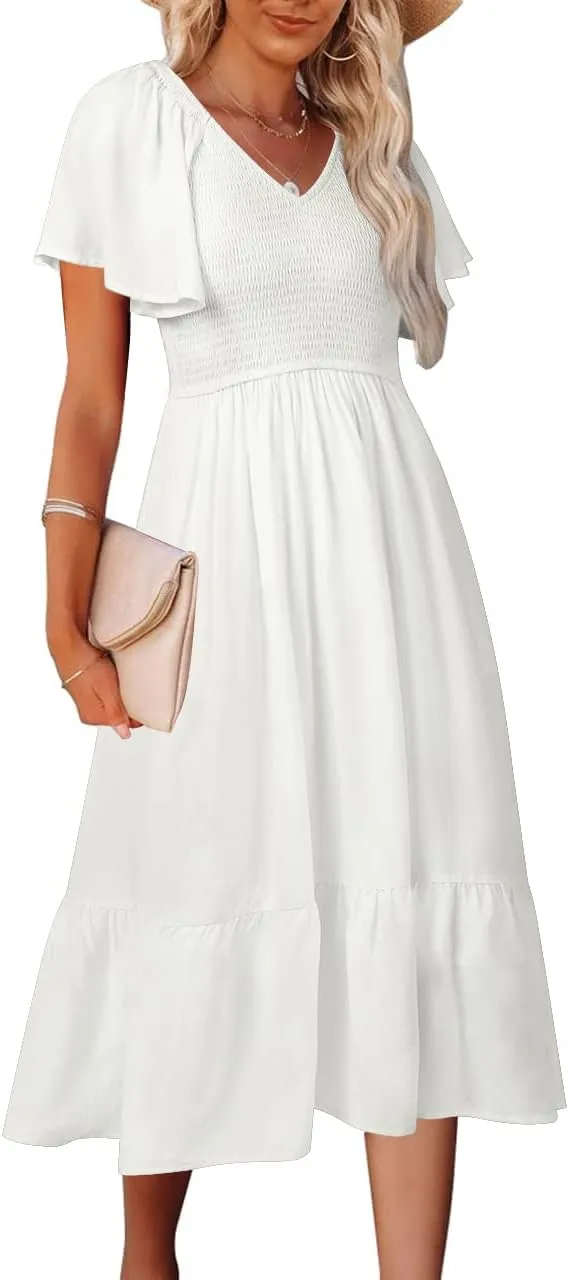 MEROKEETY Women's Summer Casual V Neck Ruffle Sleeve Smocked High Waist Midi Dress with Pockets