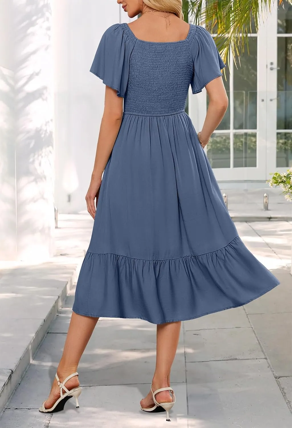 MEROKEETY Women's Summer Casual V Neck Ruffle Sleeve Smocked High Waist Midi Dress with Pockets
