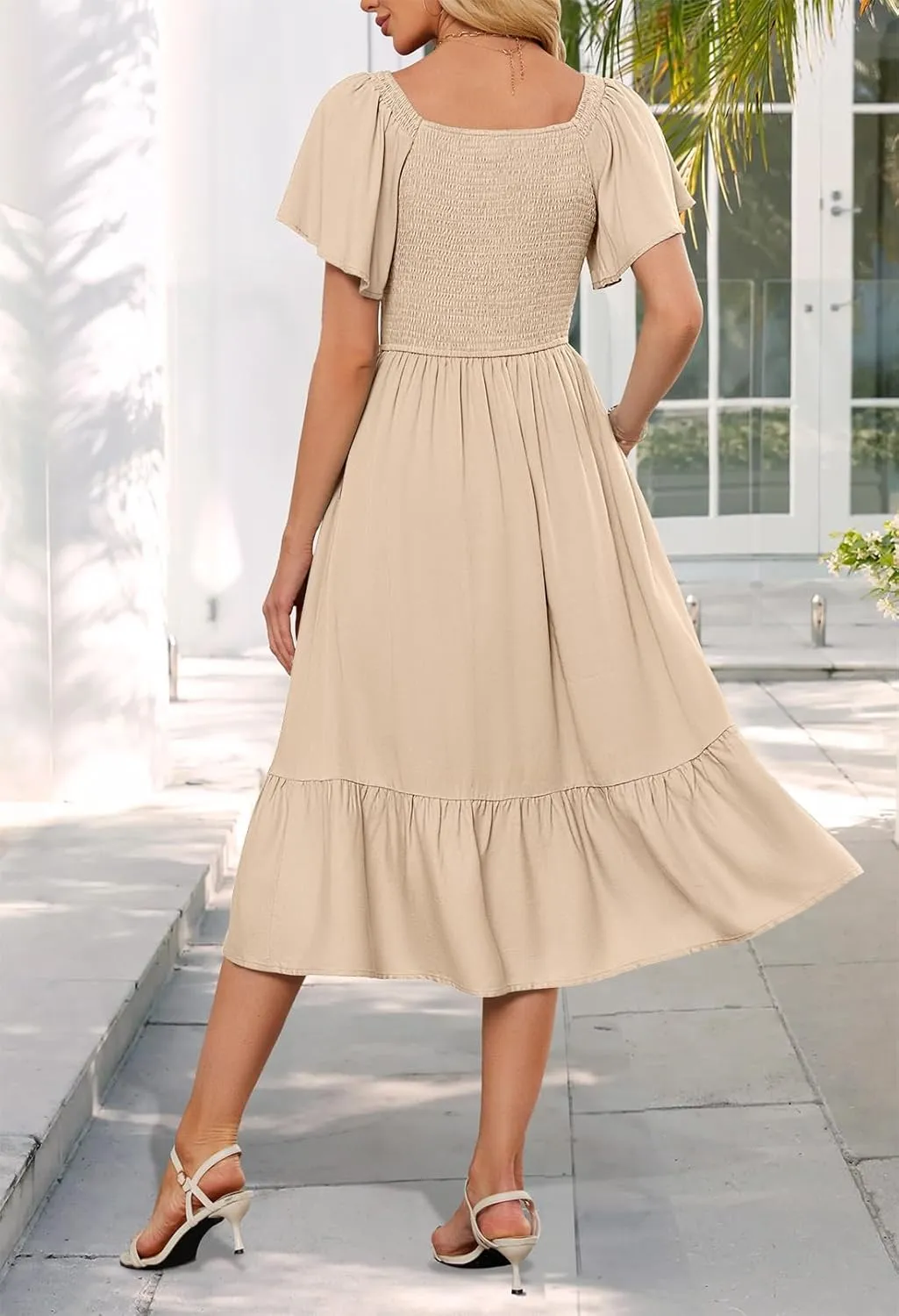 MEROKEETY Women's Summer Casual V Neck Ruffle Sleeve Smocked High Waist Midi Dress with Pockets