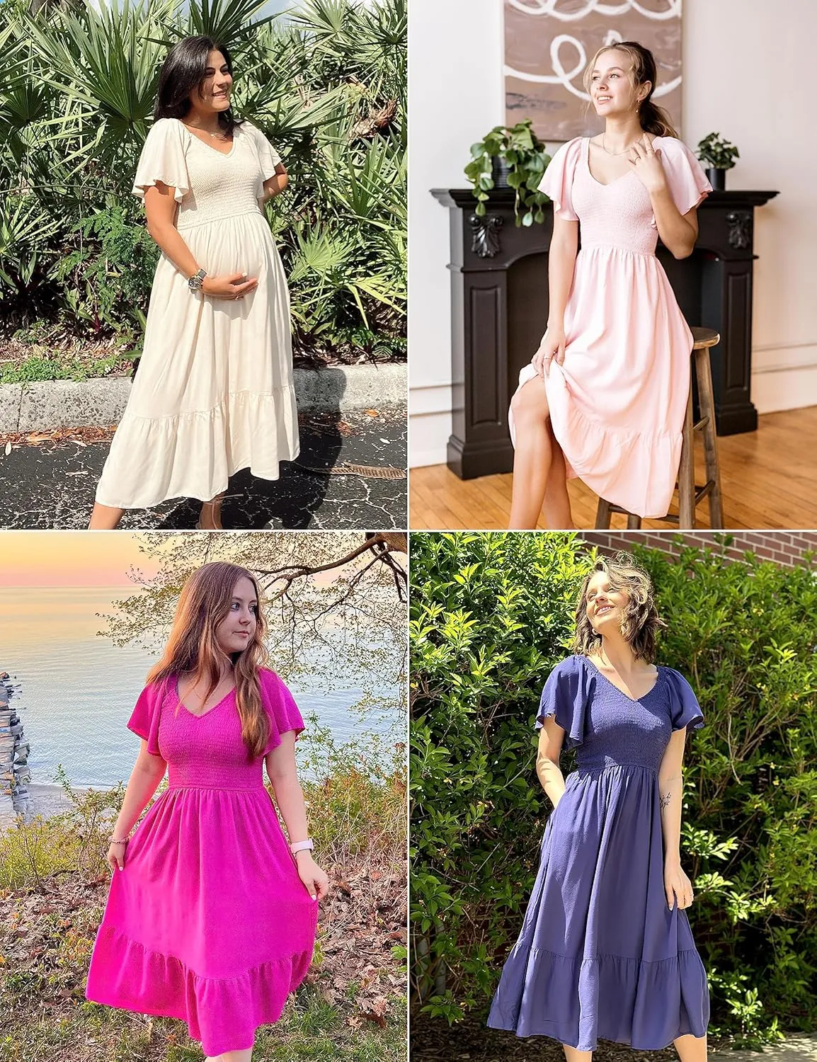 MEROKEETY Women's Summer Casual V Neck Ruffle Sleeve Smocked High Waist Midi Dress with Pockets