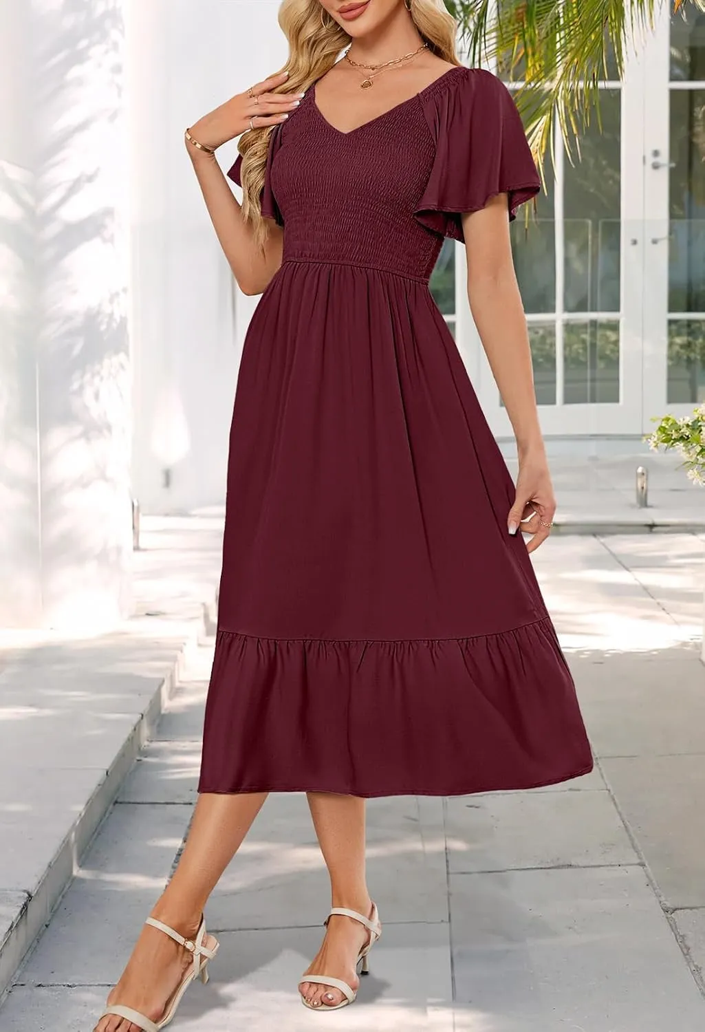 MEROKEETY Women's Summer Casual V Neck Ruffle Sleeve Smocked High Waist Midi Dress with Pockets