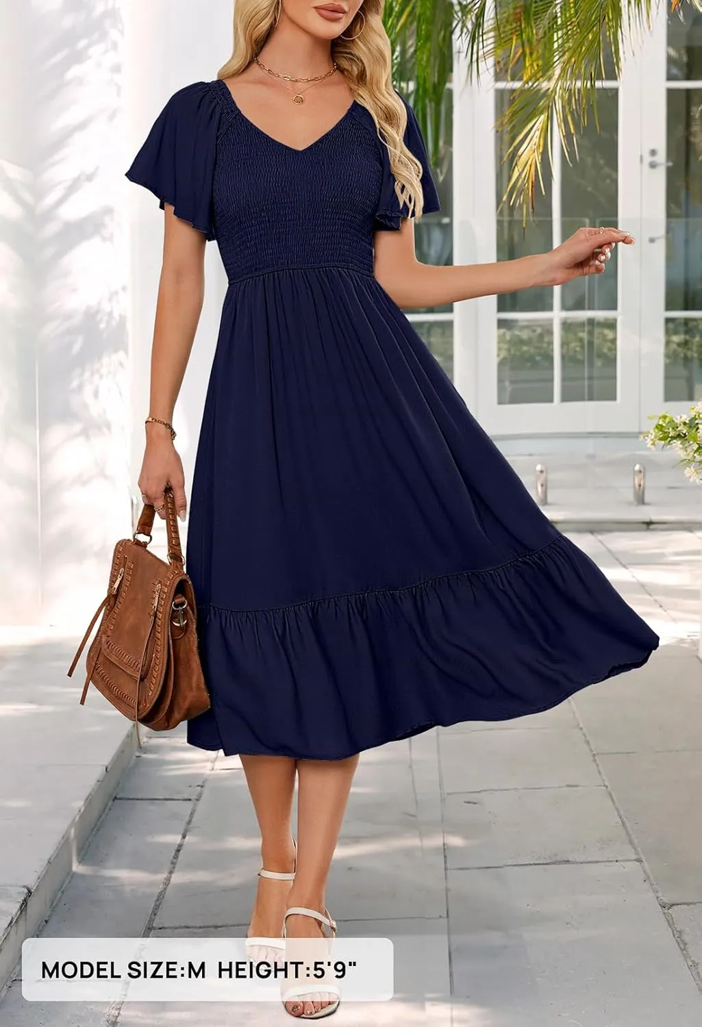 MEROKEETY Women's Summer Casual V Neck Ruffle Sleeve Smocked High Waist Midi Dress with Pockets
