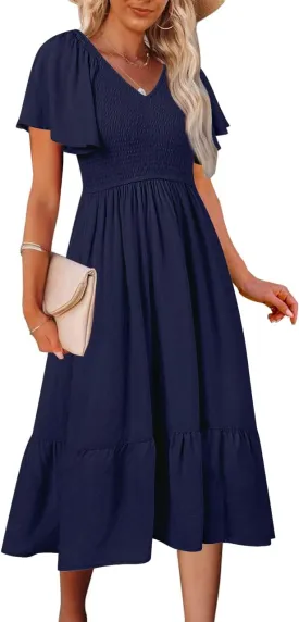 MEROKEETY Women's Summer Casual V Neck Ruffle Sleeve Smocked High Waist Midi Dress with Pockets