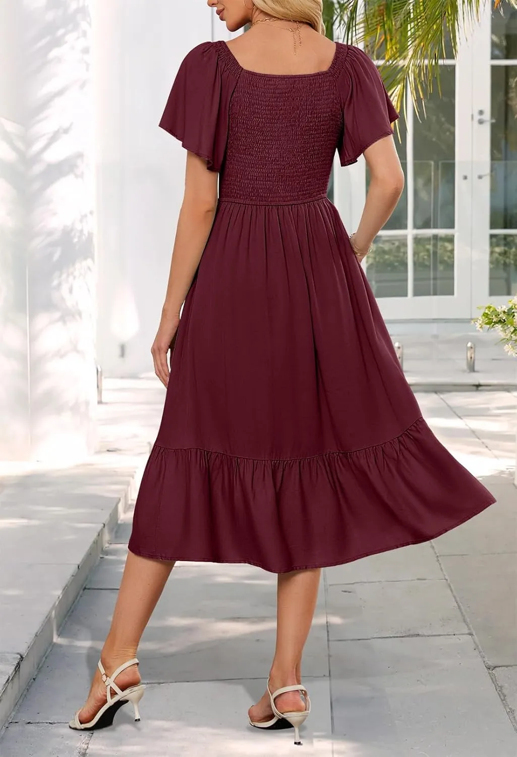 MEROKEETY Women's Summer Casual V Neck Ruffle Sleeve Smocked High Waist Midi Dress with Pockets