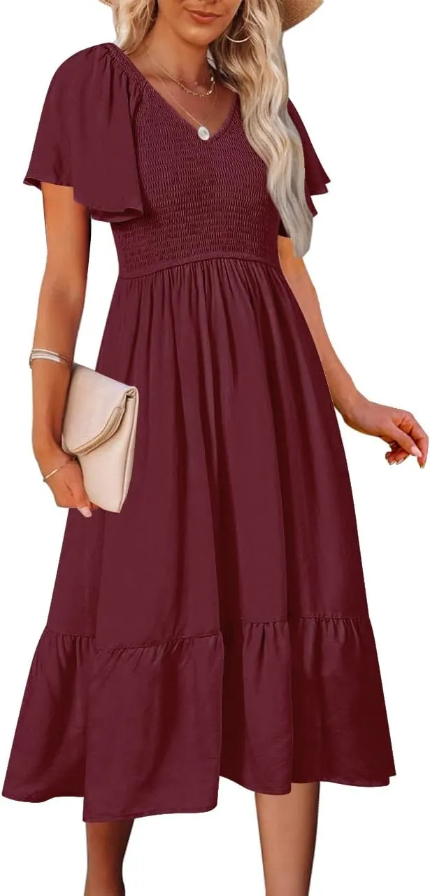 MEROKEETY Women's Summer Casual V Neck Ruffle Sleeve Smocked High Waist Midi Dress with Pockets