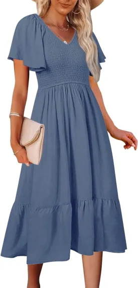 MEROKEETY Women's Summer Casual V Neck Ruffle Sleeve Smocked High Waist Midi Dress with Pockets