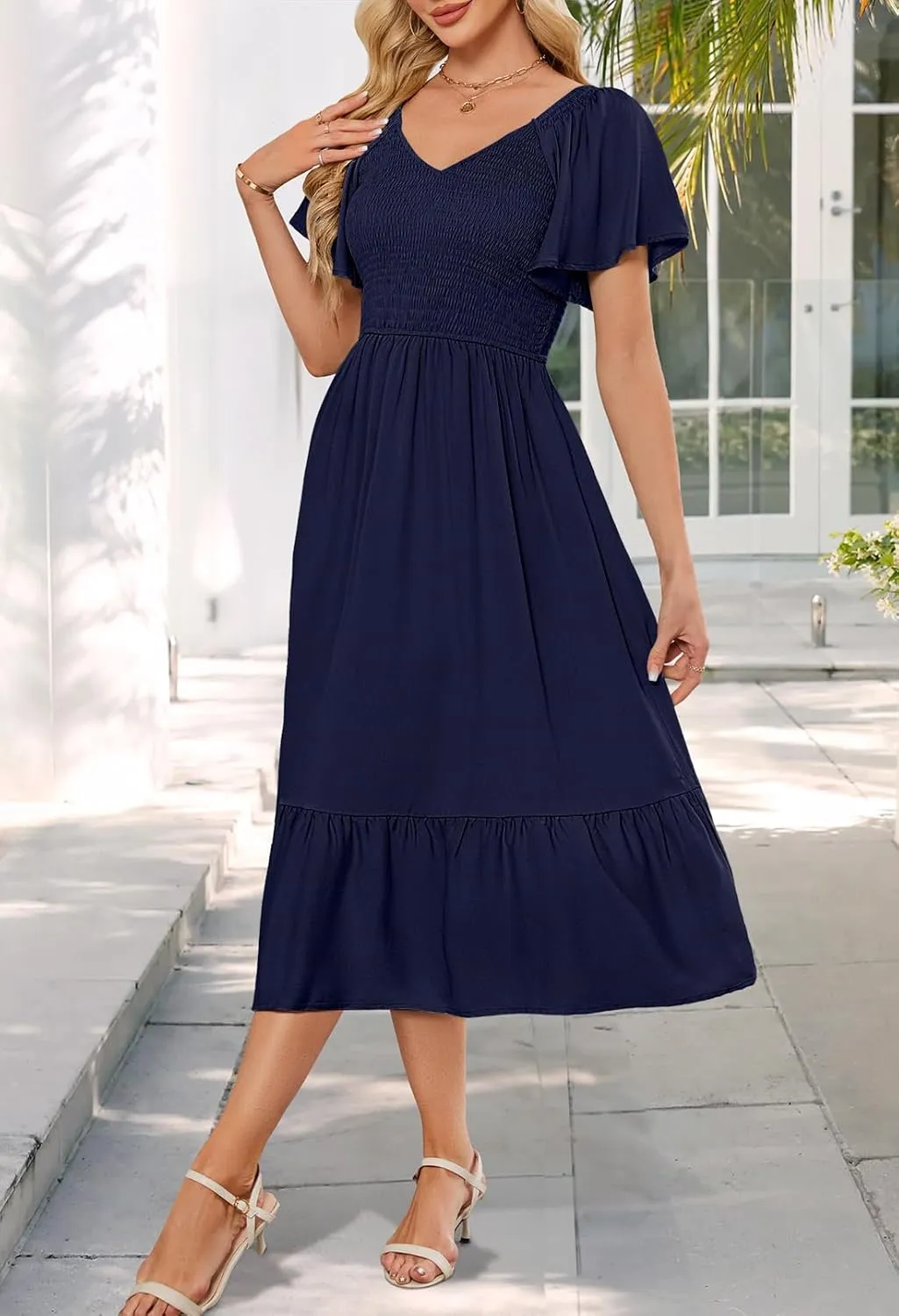 MEROKEETY Women's Summer Casual V Neck Ruffle Sleeve Smocked High Waist Midi Dress with Pockets