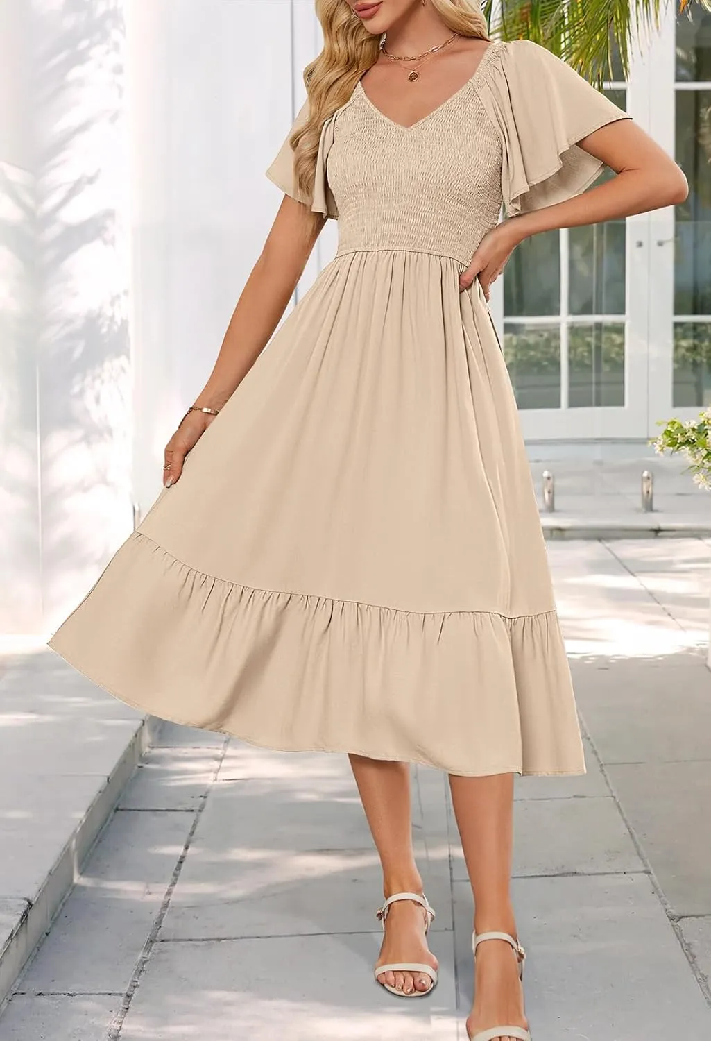 MEROKEETY Women's Summer Casual V Neck Ruffle Sleeve Smocked High Waist Midi Dress with Pockets