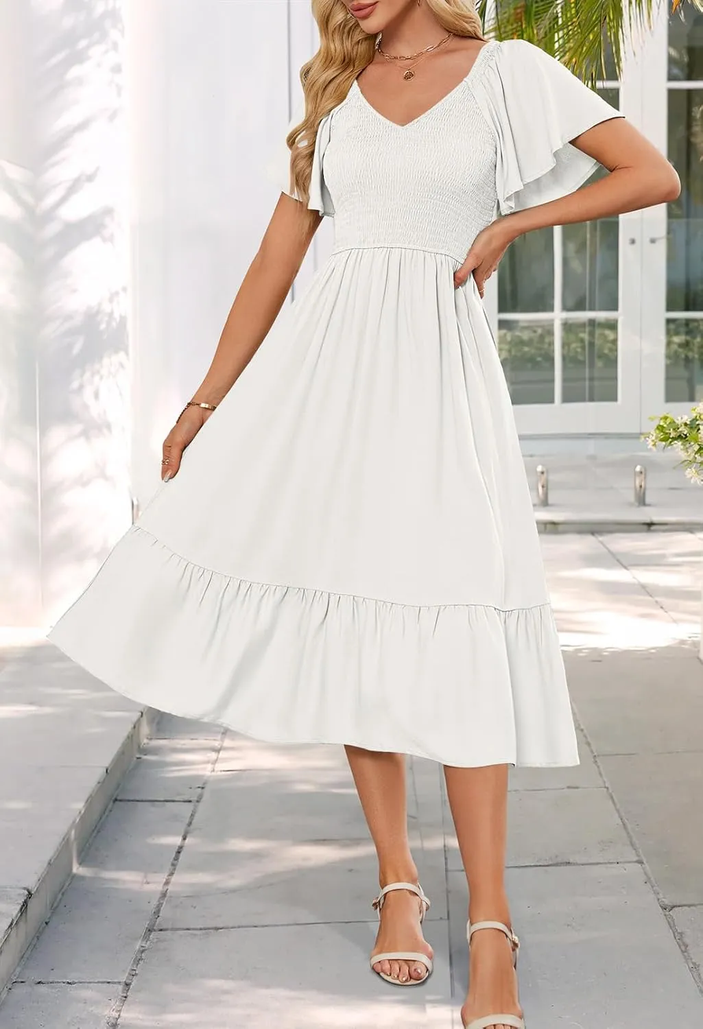 MEROKEETY Women's Summer Casual V Neck Ruffle Sleeve Smocked High Waist Midi Dress with Pockets