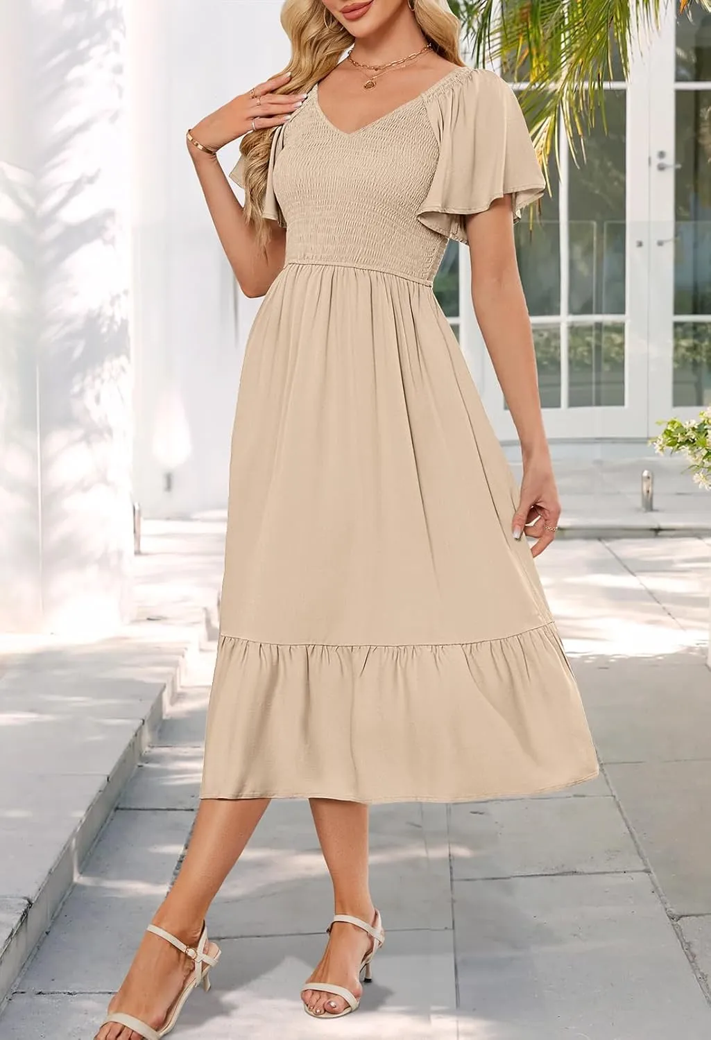 MEROKEETY Women's Summer Casual V Neck Ruffle Sleeve Smocked High Waist Midi Dress with Pockets