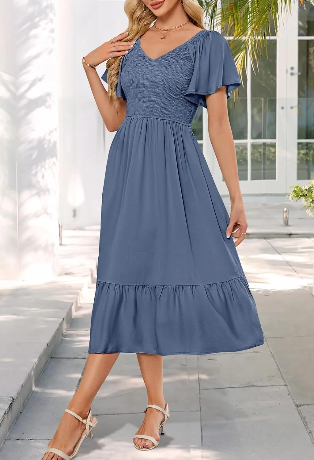MEROKEETY Women's Summer Casual V Neck Ruffle Sleeve Smocked High Waist Midi Dress with Pockets