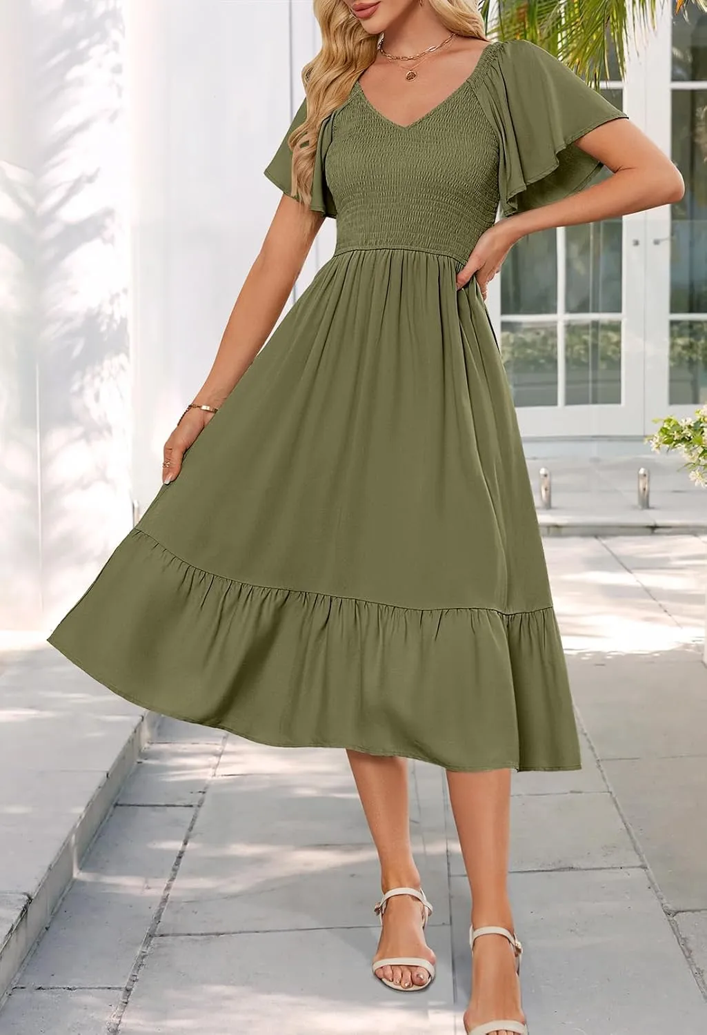 MEROKEETY Women's Summer Casual V Neck Ruffle Sleeve Smocked High Waist Midi Dress with Pockets