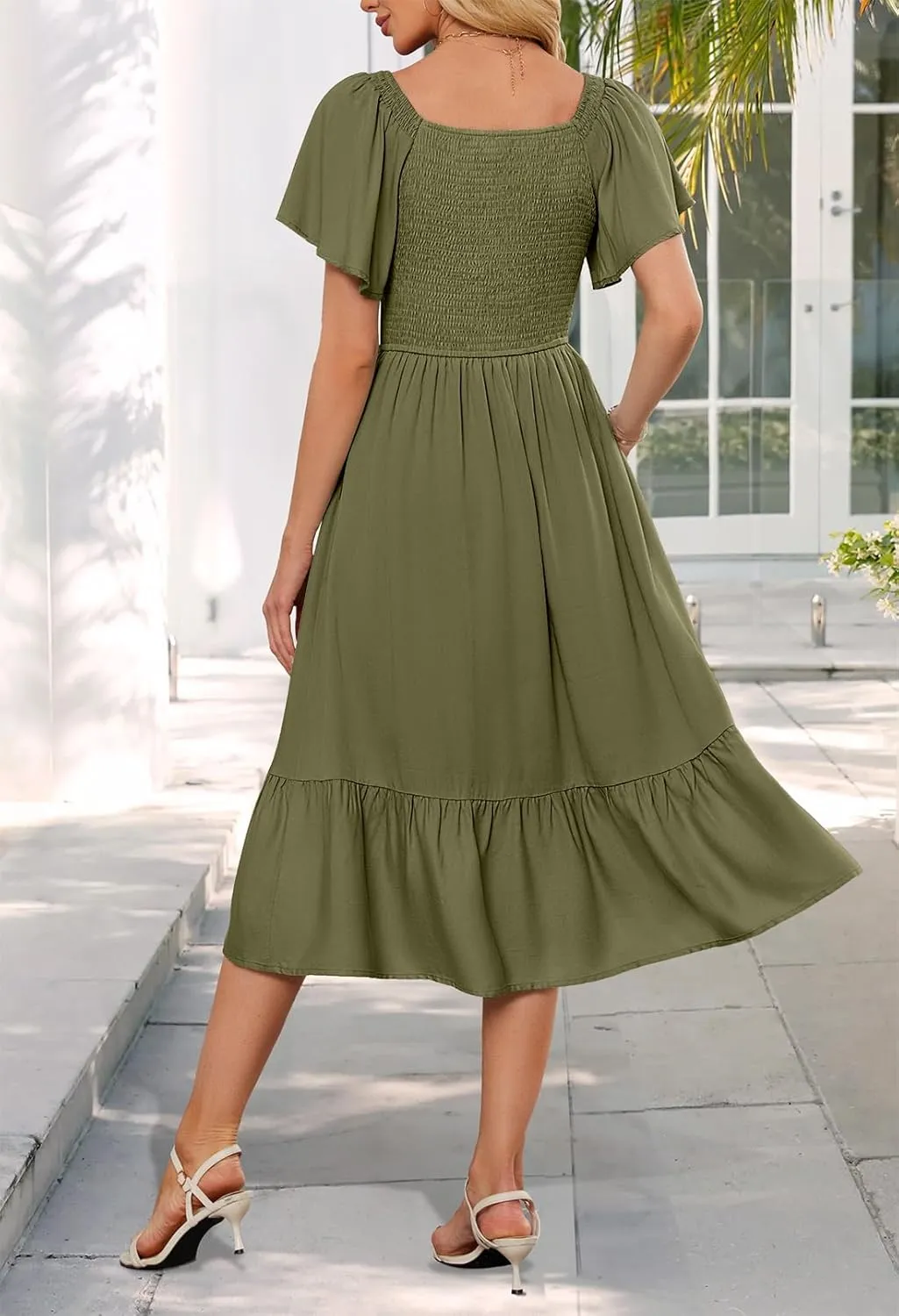MEROKEETY Women's Summer Casual V Neck Ruffle Sleeve Smocked High Waist Midi Dress with Pockets
