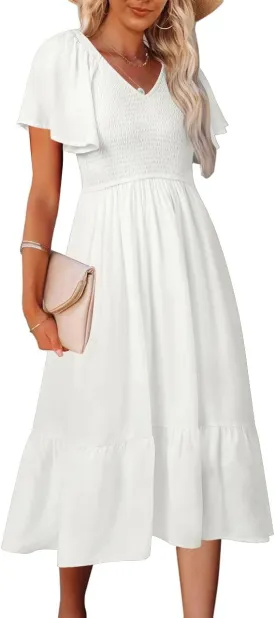 MEROKEETY Women's Summer Casual V Neck Ruffle Sleeve Smocked High Waist Midi Dress with Pockets