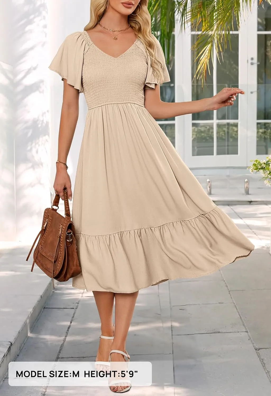 MEROKEETY Women's Summer Casual V Neck Ruffle Sleeve Smocked High Waist Midi Dress with Pockets