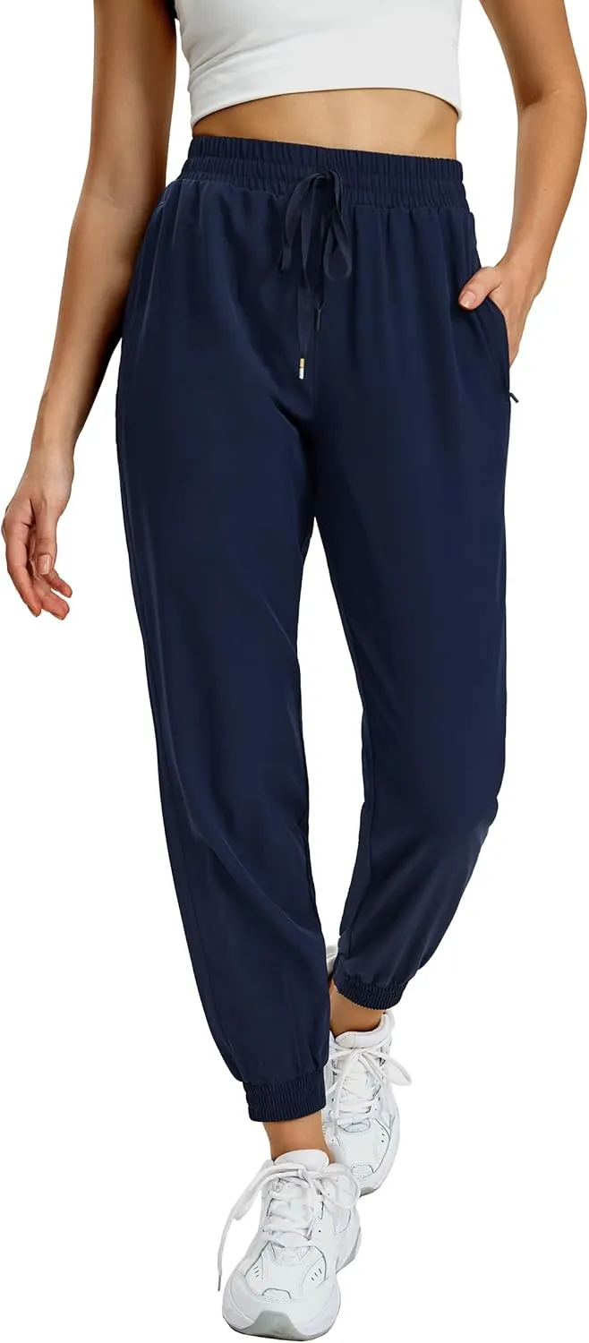 MIER Women's Lightweight Jogger Pants with Zipper Pockets Running Athletic Hiking Travel Drawstring Pants, Quick Dry