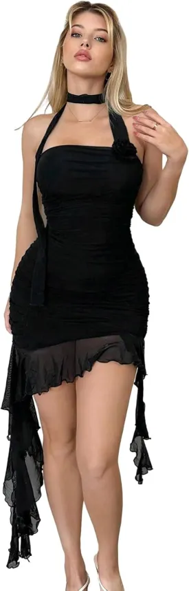 Milumia Women's 3D Floral Mesh Ruffle Halter Dress Ruched Asymmetrical Bodycon Mini Dresses