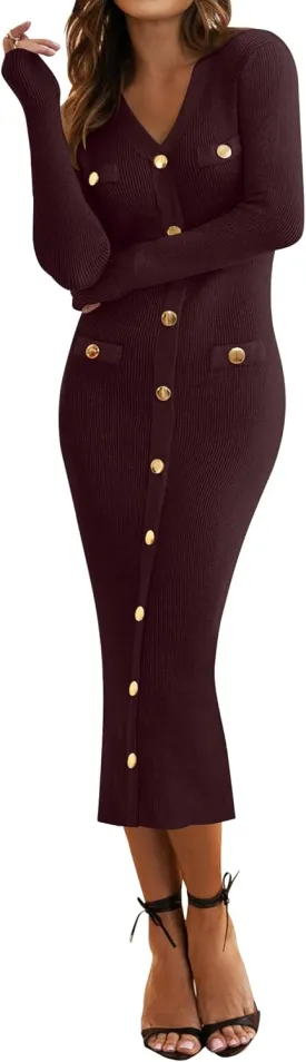 MIROL Women's V-Neck Bodycon Sweater Dress 2025 Fall Long Sleeve Button Down Knit Maxi Dress Elegant Long Dresses