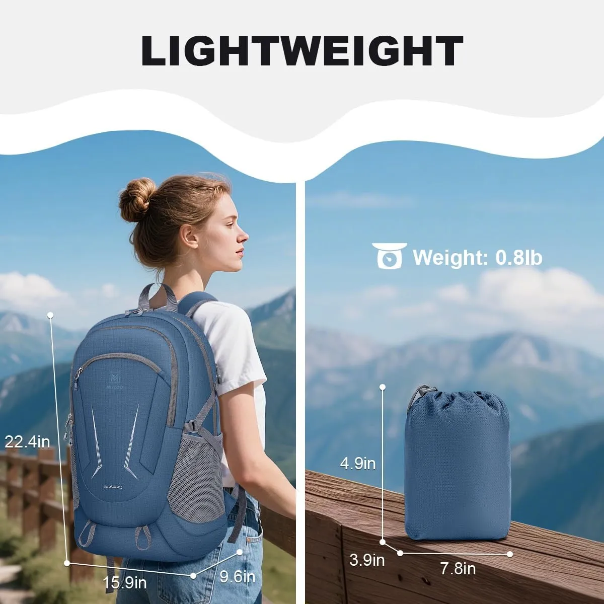 MIYCOO Backpack - Ultra Lightweight Packable Backpack for Travel Camping, 45L Hiking Back Pack Waterproof Foldable Daypack for Men Women Blue